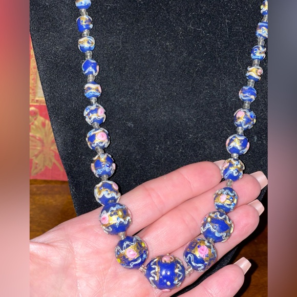 Vintage VENETIAN Italy Wedding Cake Art Murano Glass Cobalt Blue Bead Necklace - Picture 7 of 17